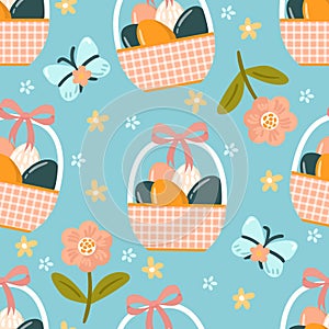 Seamless pattern easter with flowers cartoons easter basket