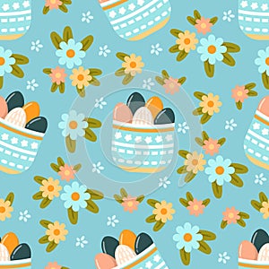 Seamless pattern easter with flowers cartoons easter basket