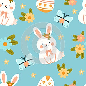 Seamless pattern easter with flowers cartoons easter basket