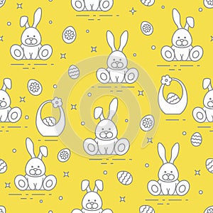 Pattern with Easter rabbits, eggs, baskets