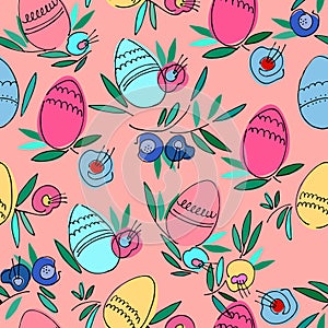 Seamless pattern on Easter theme with colored eggs, flowers, leaves
