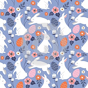 Seamless pattern on Easter theme with hand drawn rabbits, flowers and colored eggs