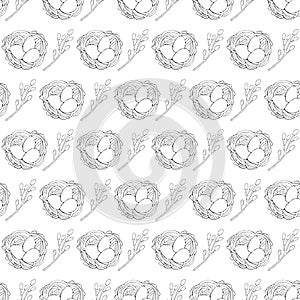 Seamless pattern of Easter willow and Easter egg in the nest drawn by a black line. Art line. Vector hand drawn line illustration