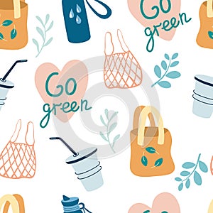 Seamless pattern with eco-friendly items. Textile and paper bags, cups. Go green. Zero waste background. Reusable packaging and