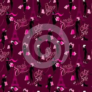 Seamless pattern - Effel Tower, girls silhouettes with shopping