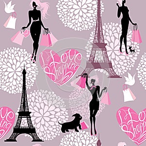 Seamless pattern - Effel Tower, hearts with callig