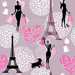 Seamless pattern - Effel Tower, hearts with callig photo