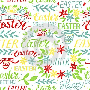 Seamless pattern with a Egg, flowers and hand written Happy Easter,greetings