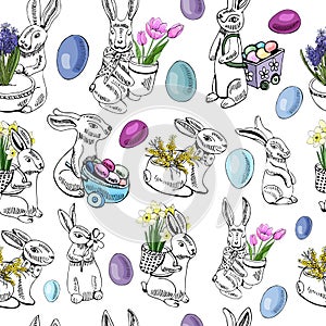 Seamless pattern with eggs, rabbit, and spring flowers for Happy Easter decoration. Hand drawn colored sketch.
