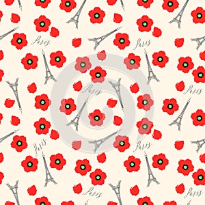 Seamless pattern. Eiffel tower and red poppies, Paris, France. Vector background