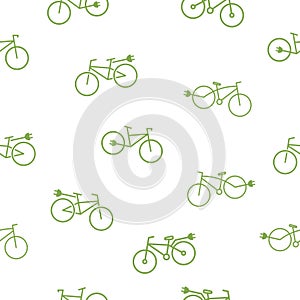 Seamless pattern with electric bike. Geen eco bicycle with plug background.