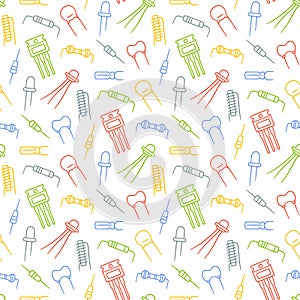 Seamless pattern from electrical components. Diode, transistor capacitor, resistor and inductor. Hand drawn vector