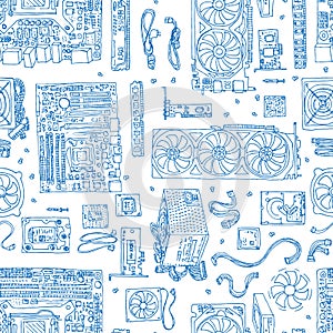 seamless pattern of Electronic component of desktop computer. Motherboard, processor, video card, memory, hdd.