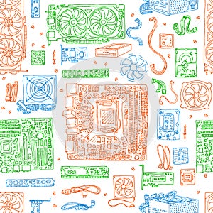 seamless pattern of Electronic component of desktop computer. Motherboard, processor, video card, memory, hdd.