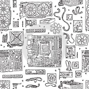 Seamless pattern of Electronic component of desktop computer. Motherboard, processor, video card, memory, hdd.