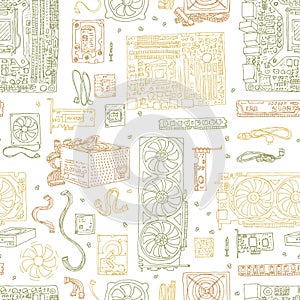 Seamless pattern of Electronic component of desktop computer. Motherboard, processor, video card, memory, hdd