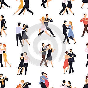 Seamless pattern with elegant couples dancing tango or milonga on white background. Backdrop with pairs of people