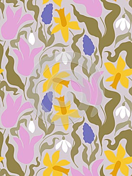 Seamless pattern of elegant flowers like tulip, daffodil, snowdrop and grape hyacinth. Vector card or wallpaper