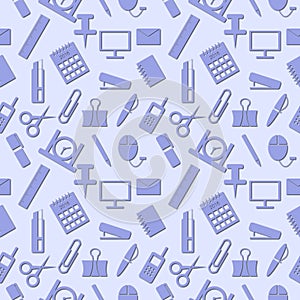 Seamless pattern with elements of blue office supplies over light blue background
