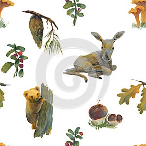 Seamless pattern with elements drawn by hand in gouache with animals and plants.