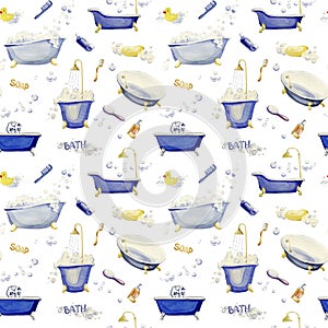 Seamless pattern of elements of an interior bathroom. Watercolor illustration.