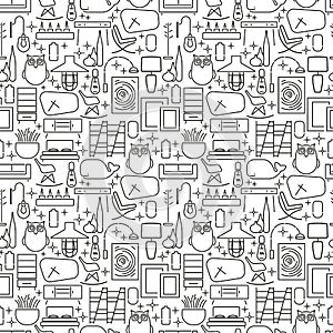 Seamless pattern with elements of interior.Modern Furniture.Template for design Background, Cards,Website,Cover.Graphic shapes of