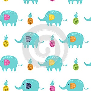 Seamless pattern with elephant and pineapple. Kids vector
