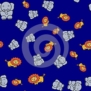 Seamless pattern of elephants and lions in in cartoon style