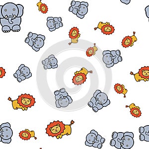 Seamless pattern of elephants and lions in in cartoon style