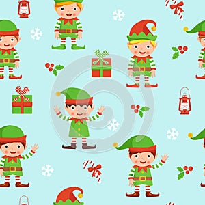 Seamless pattern with elves, berries and boxes.