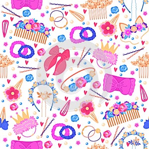 Seamless pattern with embellishments for baby girl. Hair accessories. Hairstyle ribbons. Hairgrips or hairbands. Cute