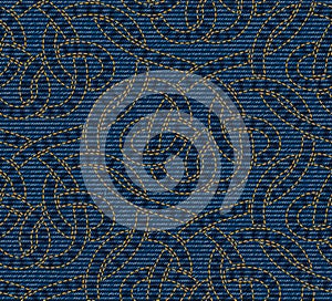 Vector seamless pattern embroidered on blue denim texture background