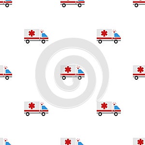 Seamless pattern with emergency ambulance on white background. Medical vehicle. Medicine sign. Flat style. Vector illustration for