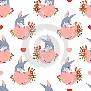 Seamless pattern with enamored bilby. Cute Australian animal with heart and flowers on white background. Vector
