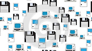 Seamless pattern endless computer with old retro computers, pc and vintage white hipster floppy disks from 70s, 80s, 90s isolated