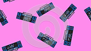 Seamless pattern endless with music audio cassette old retro tape recorders vintage hipster from 70s, 80s, 90s isolated on purple