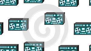 Seamless pattern endless with music audio cassette old retro tape recorders vintage hipster from 70s, 80s, 90s isolated on white