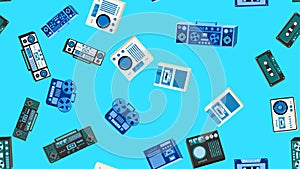 Seamless pattern endless with music audio tech electronics equipment old retro vintage hipster from 70s, 80s, 90s isolated on blue
