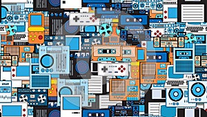 Seamless pattern endless with tech electronics equipment old retro vintage hipster from 70s, 80s, 90s isolated on white background