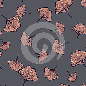 Seamless pattern engraved leaves Ginkgo Biloba. Vintage background botanical with foliage in hand drawn style