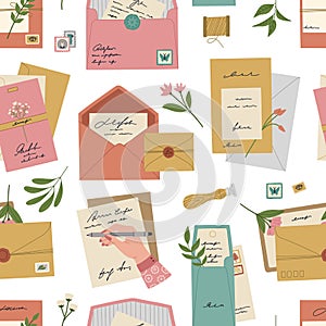 Seamless pattern of envelopes with seals and stamps, romantic postcards and letters