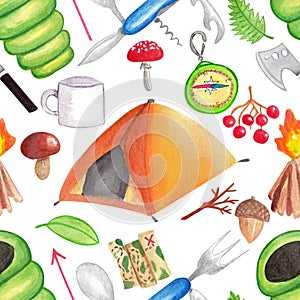 Seamless pattern with equipment for camping, hiking, climbing and expeditions. Watercolor hand drawn illustration