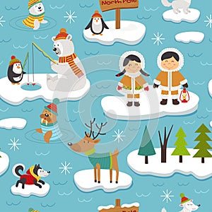 Seamless pattern with Eskimos and arctic animals on ice floes