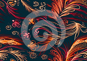 A seamless pattern of ethnic flowers, leaves, feathers and curls.