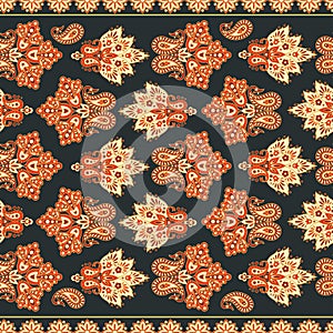 Seamless pattern with ethnic flowers. Vector Floral Illustration in asian textile style.