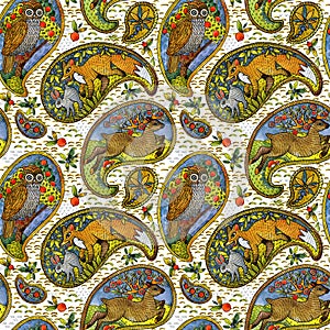 Seamless pattern with ethnic motif forest animals. watercolor folklore illustration. paisley element background photo