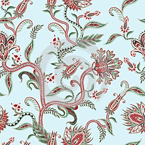 Seamless pattern with ethnic ornament elements and paisleys. Folk flowers and leaves for print or embroidery.