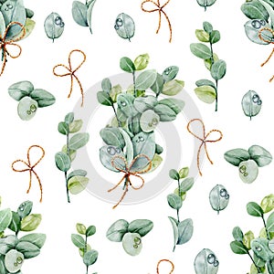 Seamless pattern with eucalyptus bouquet, leaves, dew drops. Handmade watercolor illustration. Design for wedding