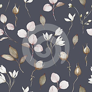 Seamless pattern with eucalyptus branches and rose buds