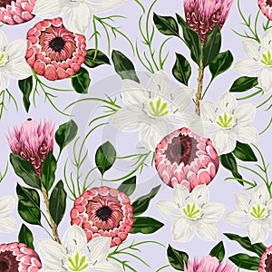 Seamless pattern with eucharis lily, protea flowers and leaves. Decorative holiday floral background.